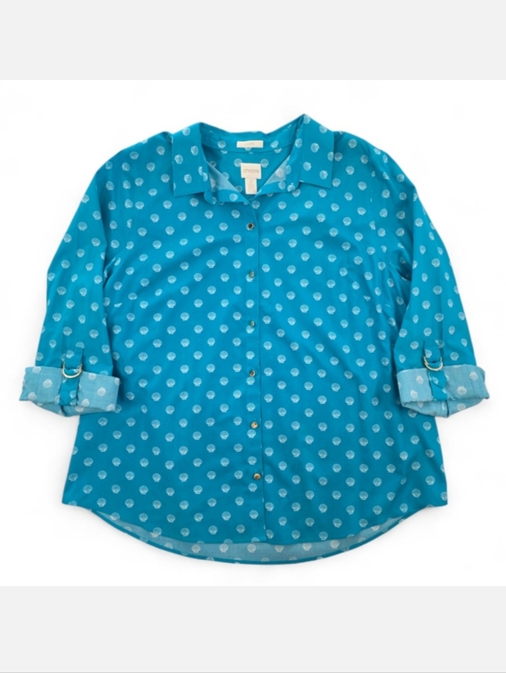 Chico’s Teal Blue Cotton Shell Print Button Down Shirt No-Iron Size 3 Women XL